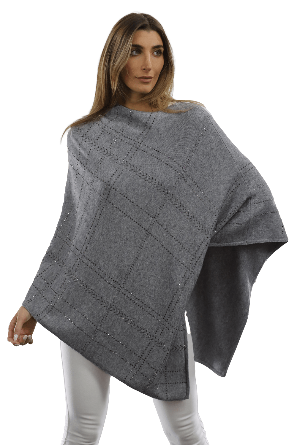 Embellished Stripped Poncho - Poncho - La Fiorentina, Grey BE811 -2