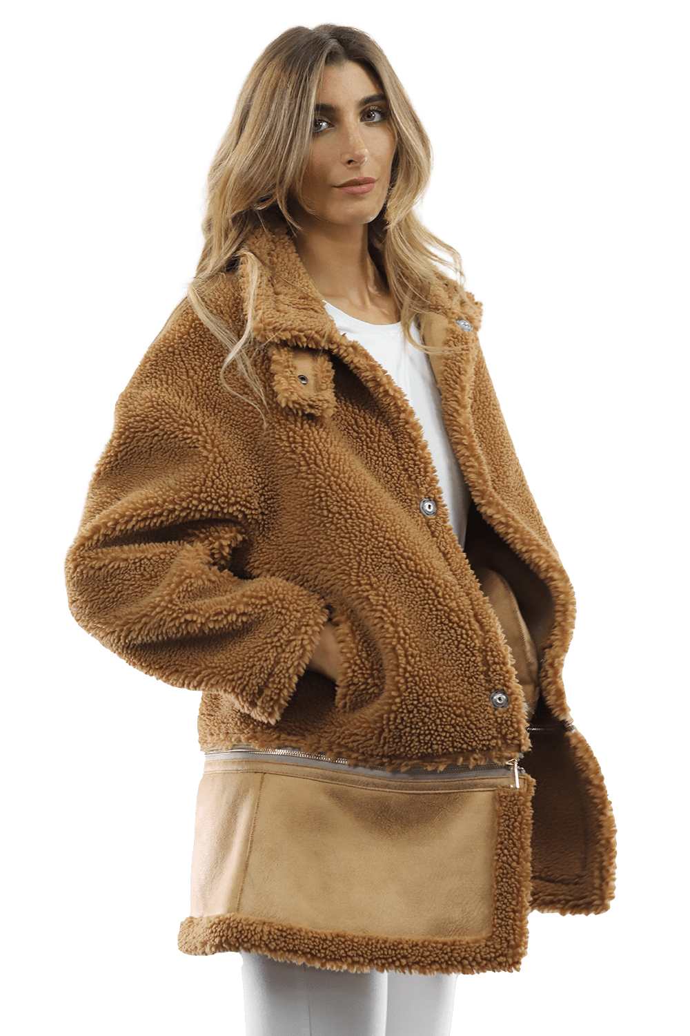 Faux Fur Coat with Zipper detail - Brown - Coat - La Fiorentina FAUX205_BROWN