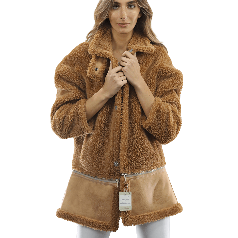 Faux Fur Coat with Zipper detail - Brown - Coat - La Fiorentina FAUX205_BROWN