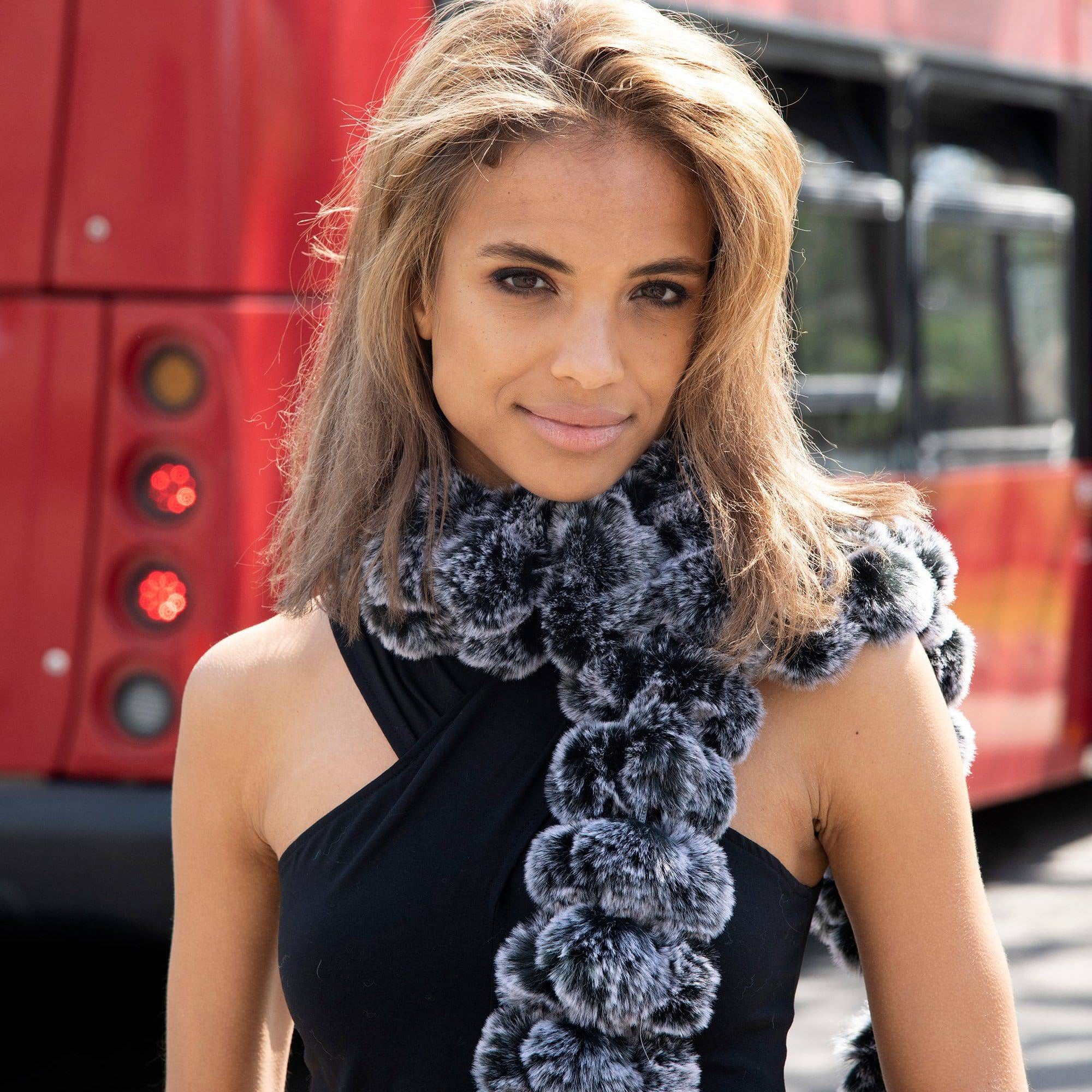 Faux Fur Poms Muffler-Black/Snow -  - La Fiorentina R200-F14-FAUX
