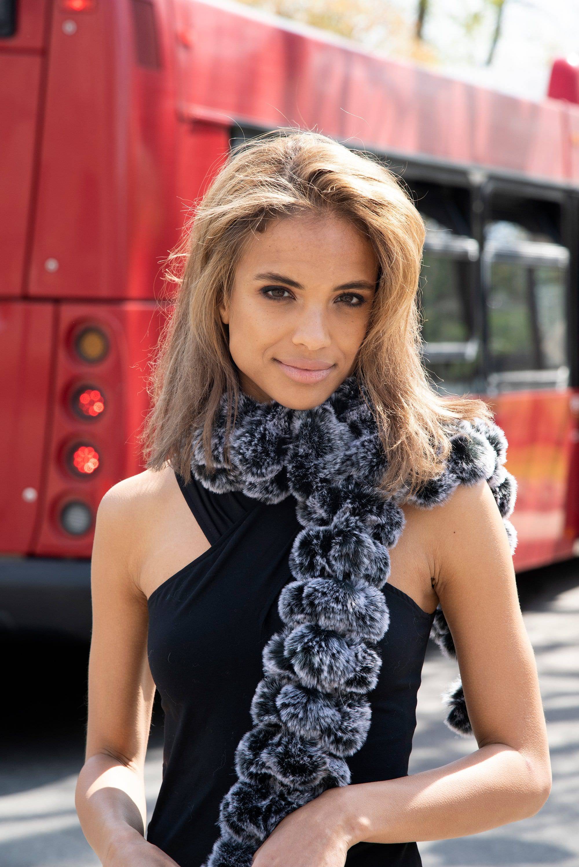 Faux Fur Poms Muffler-Black/Snow -  - La Fiorentina R200-F14-FAUX