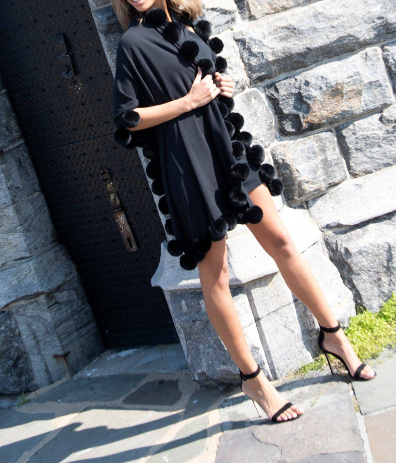 Faux Fur Poms Trim Wrap - Black -  - La Fiorentina Faux2119