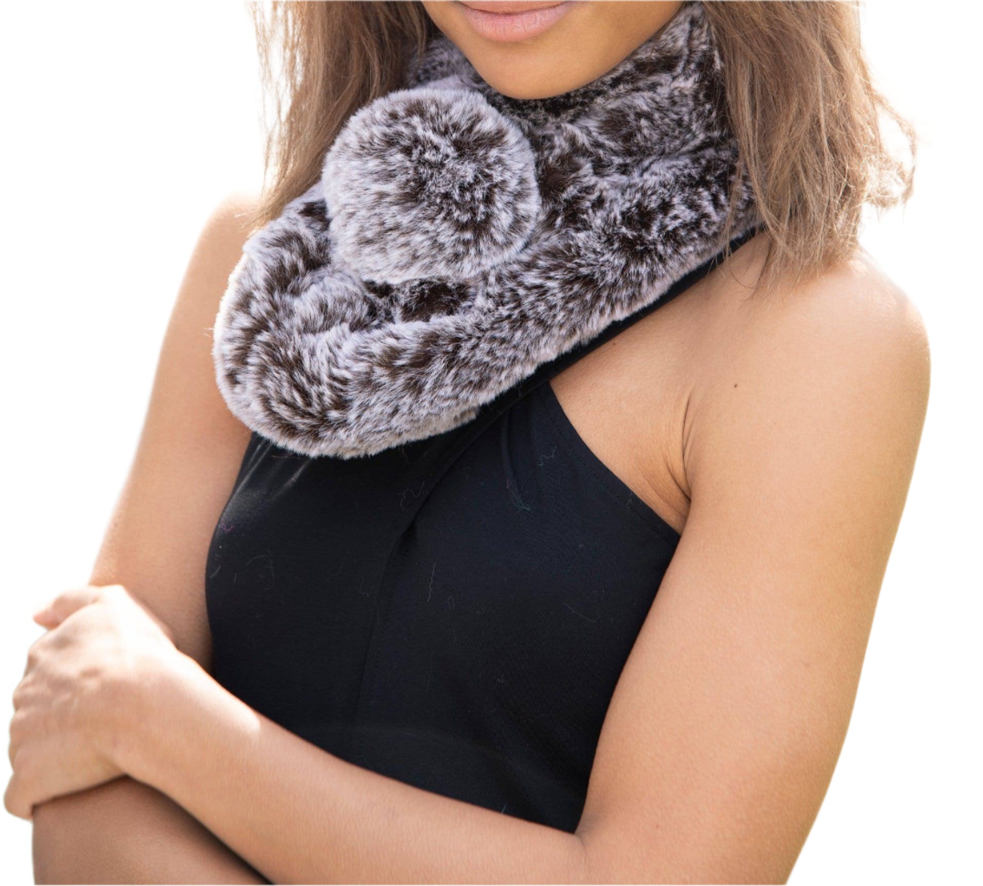 Faux Fur Pull Through with Pom Detail -Brown/Snow -  - La Fiorentina NF2007560