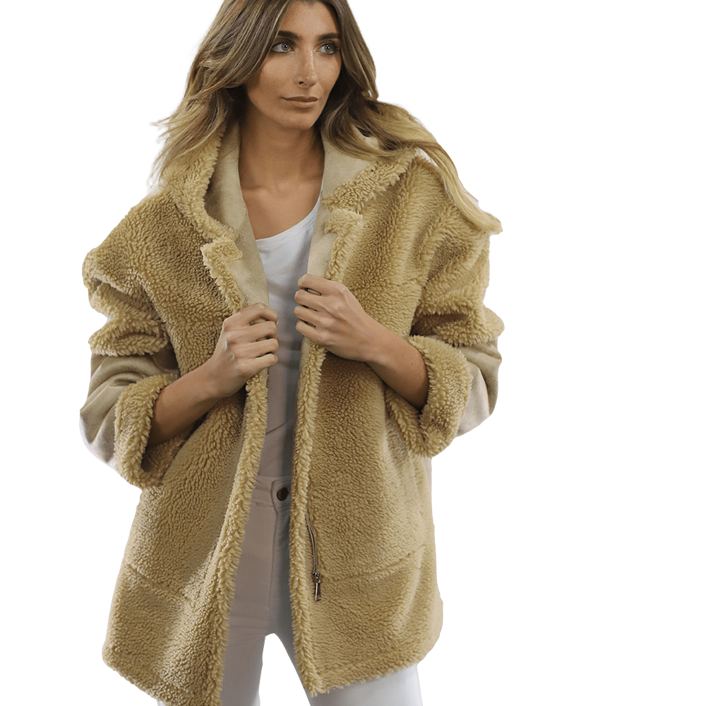 Faux Fur Teddy Coat with Hood - Coat - La Fiorentina FAUX206_CAMEL