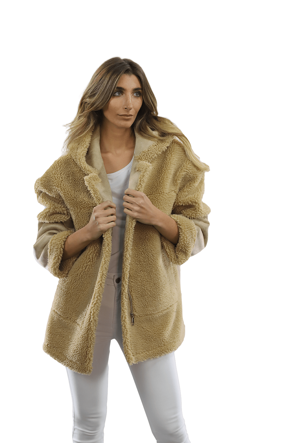 Faux Fur Teddy Coat with Hood - Coat - La Fiorentina FAUX206_CAMEL
