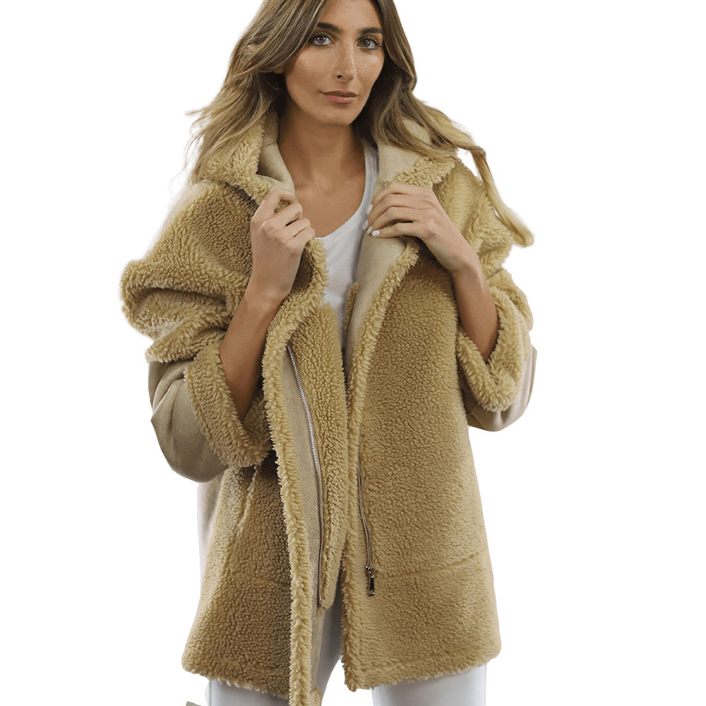 Faux Fur Teddy Coat with Hood - Coat - La Fiorentina FAUX206_CAMEL