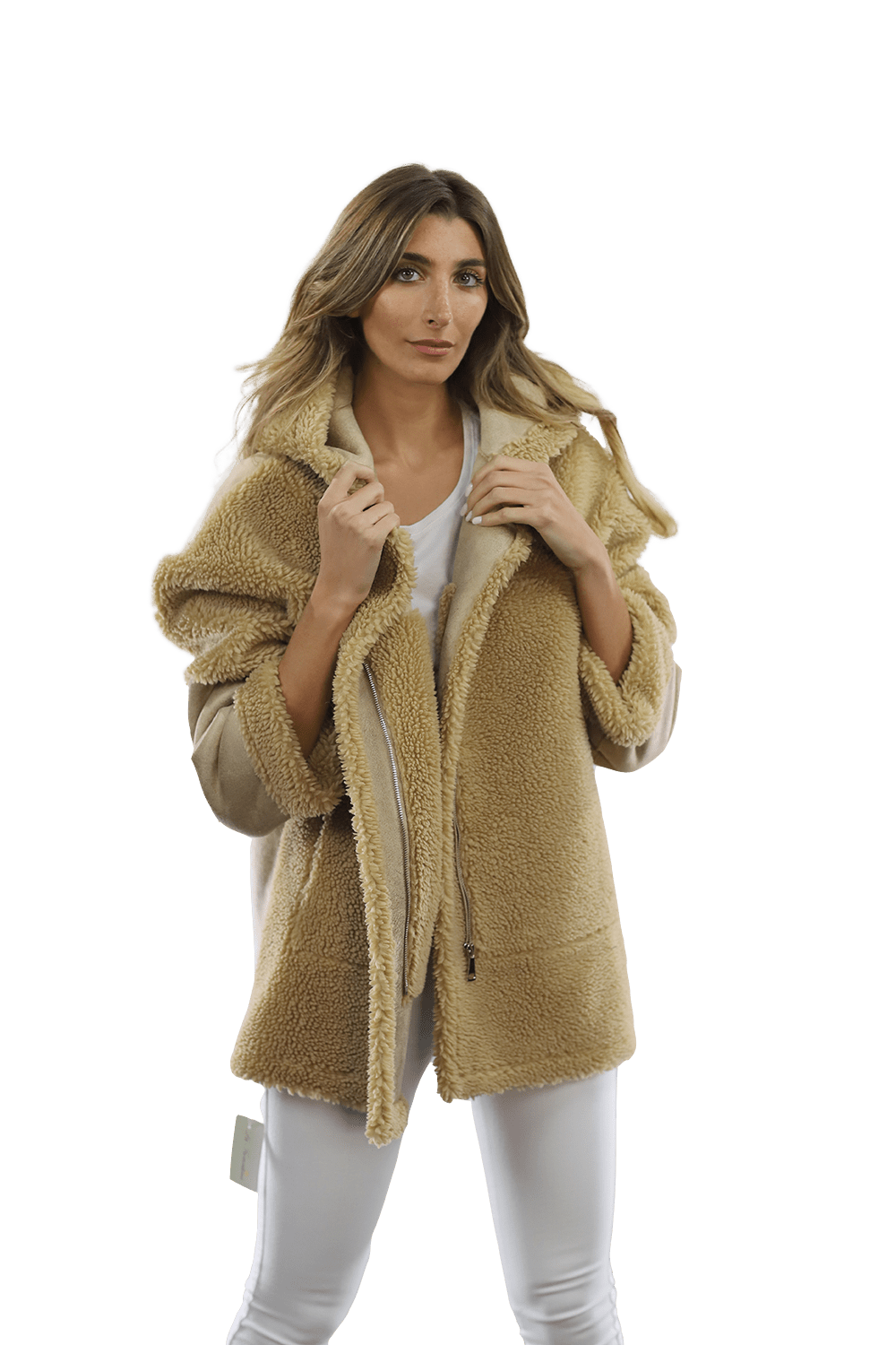Faux Fur Teddy Coat with Hood - Coat - La Fiorentina FAUX206_CAMEL