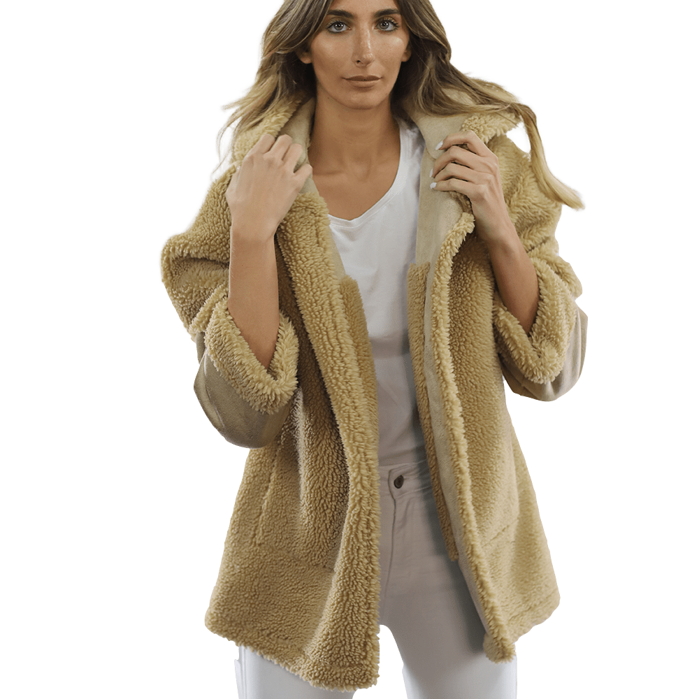 Faux Fur Teddy Coat with Hood - Coat - La Fiorentina FAUX206_CAMEL