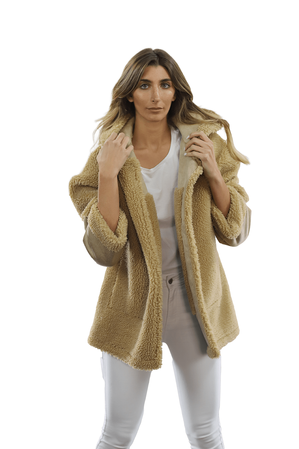 Faux Fur Teddy Coat with Hood - Coat - La Fiorentina FAUX206_CAMEL