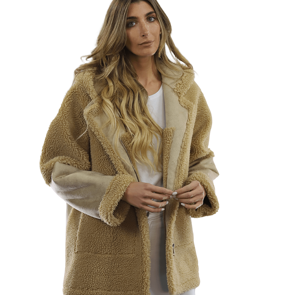 Faux Fur Teddy Coat with Hood - Coat - La Fiorentina FAUX206_CAMEL