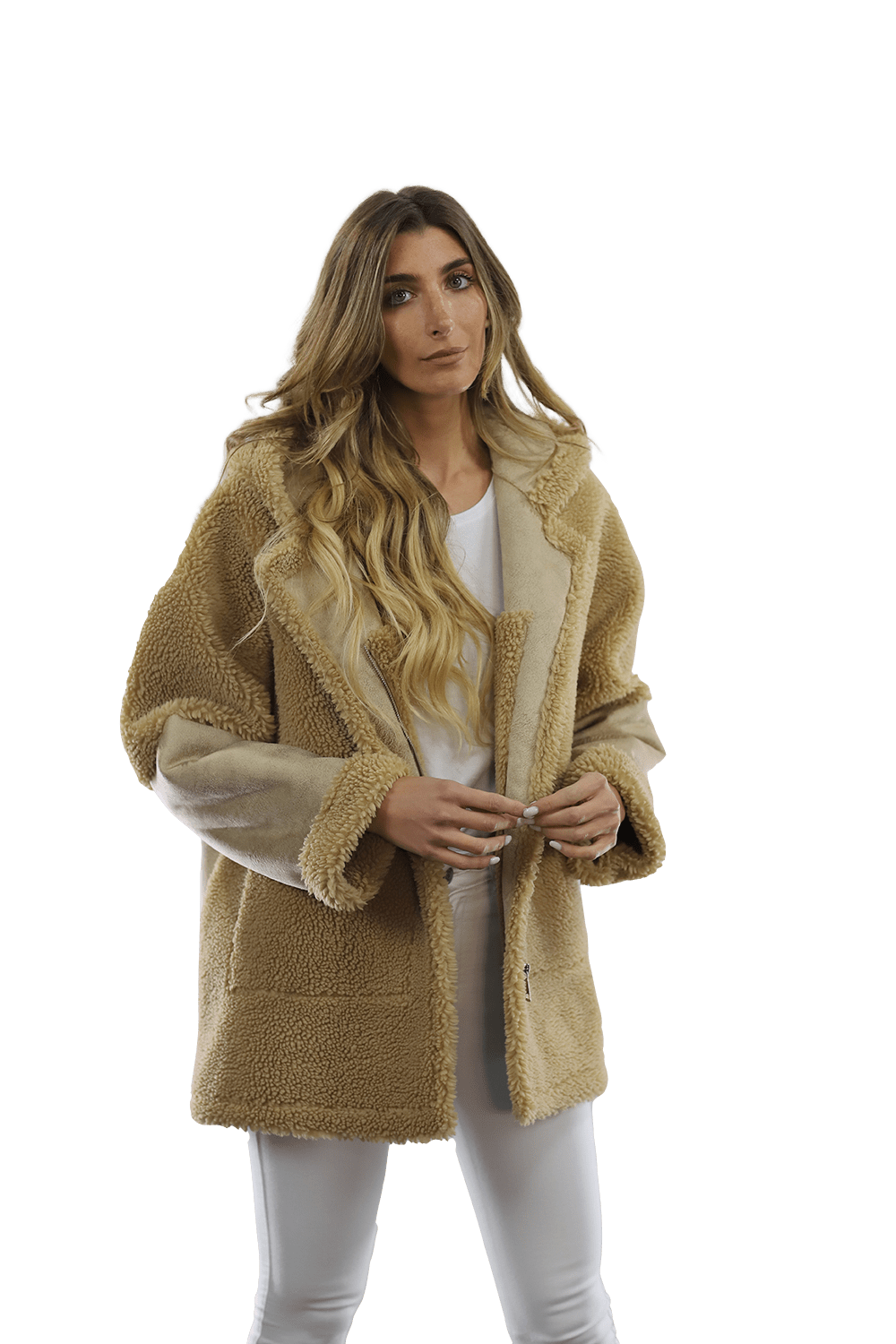 Faux Fur Teddy Coat with Hood - Coat - La Fiorentina FAUX206_CAMEL