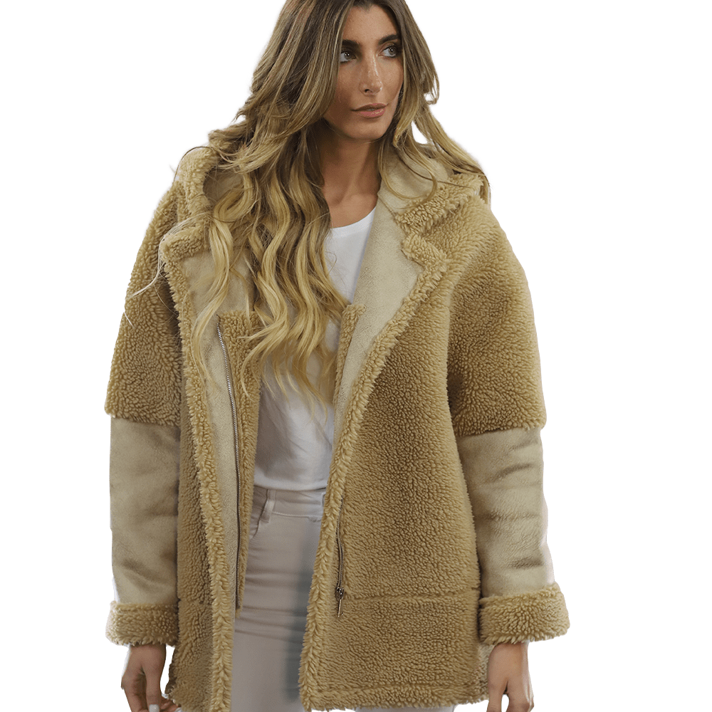 Faux Fur Teddy Coat with Hood - Coat - La Fiorentina FAUX206_CAMEL