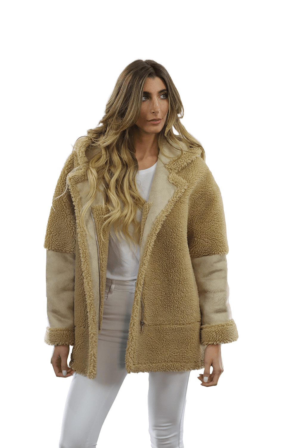 Faux Fur Teddy Coat with Hood - Coat - La Fiorentina FAUX206_CAMEL