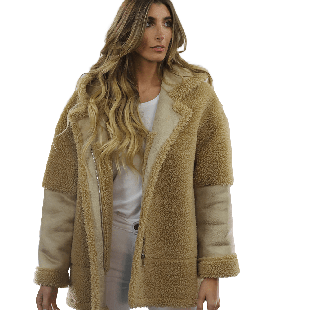 Faux Fur Teddy Coat with Hood - Coat - La Fiorentina FAUX206_CAMEL