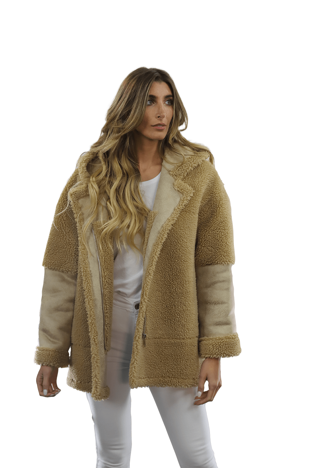 Faux Fur Teddy Coat with Hood - Coat - La Fiorentina FAUX206_CAMEL