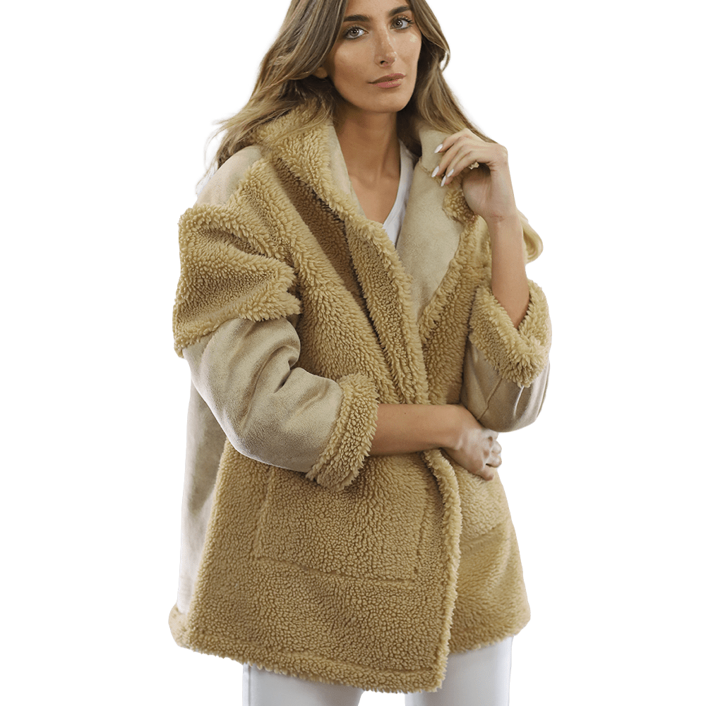 Faux Fur Teddy Coat with Hood - Coat - La Fiorentina FAUX206_CAMEL