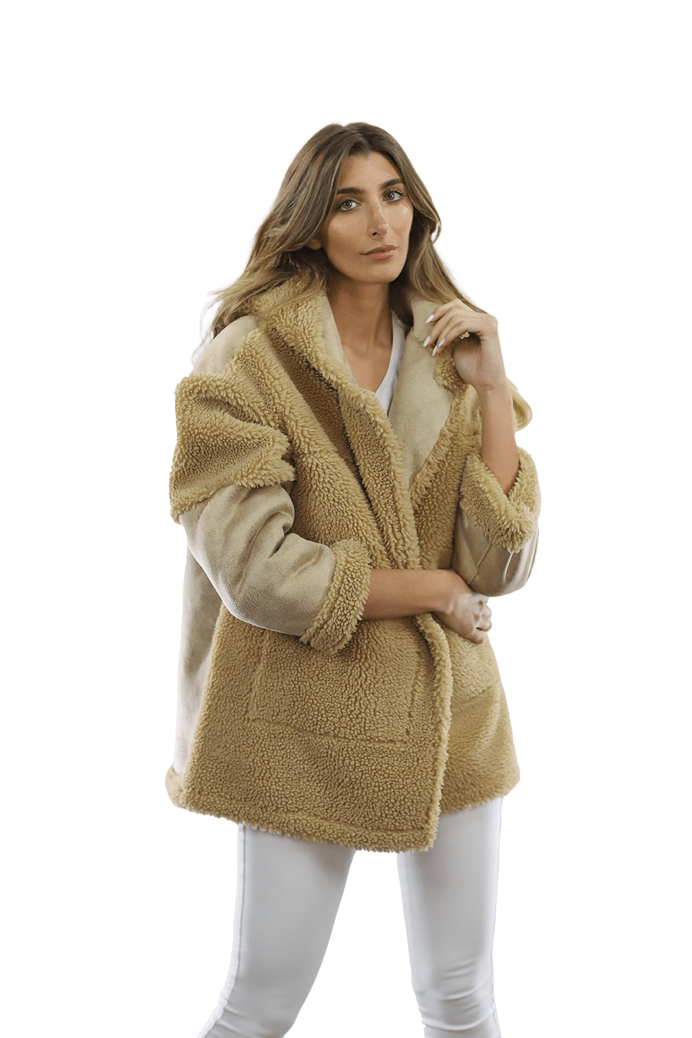 Faux Fur Teddy Coat with Hood - Coat - La Fiorentina FAUX206_CAMEL