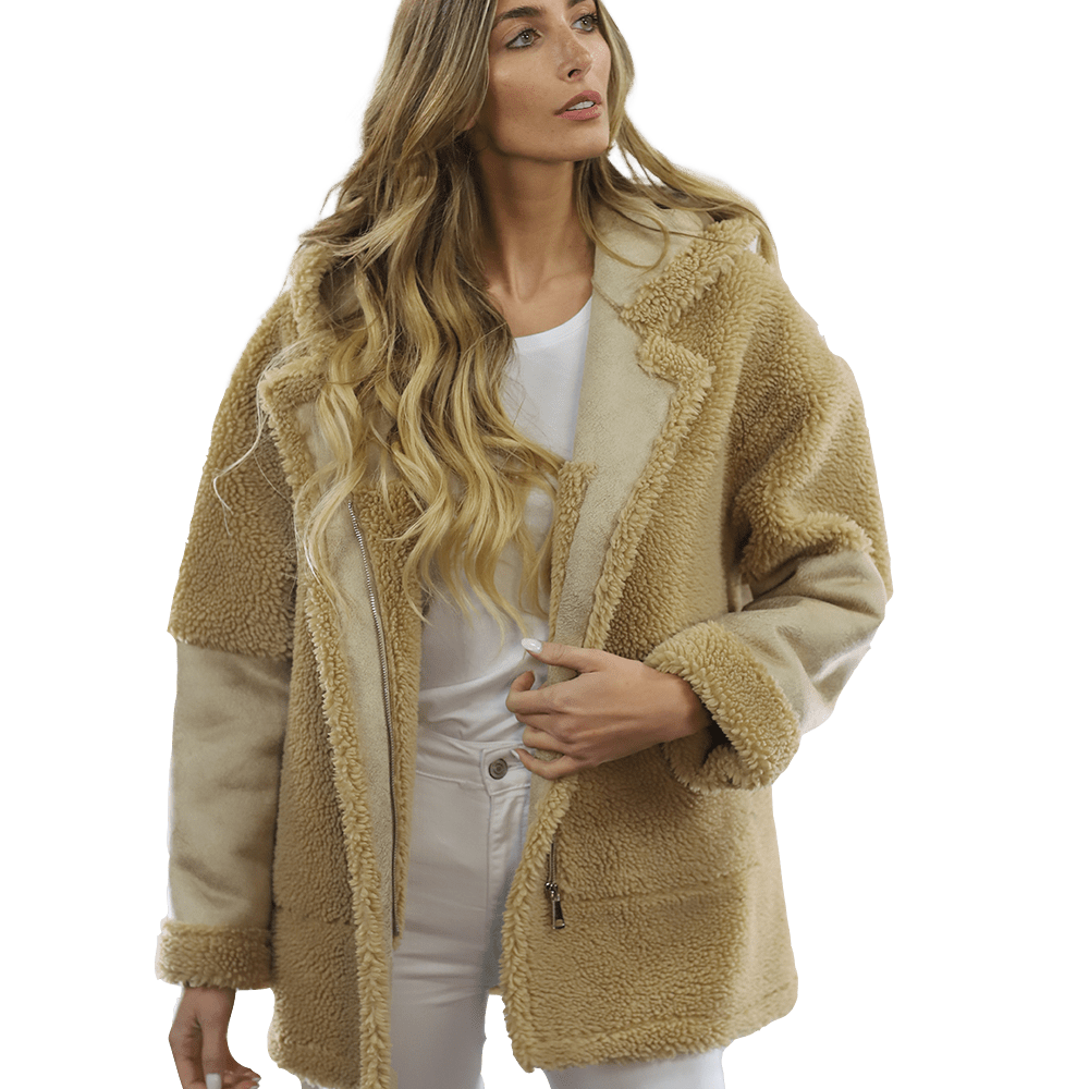 Faux Fur Teddy Coat with Hood - Coat - La Fiorentina FAUX206_CAMEL