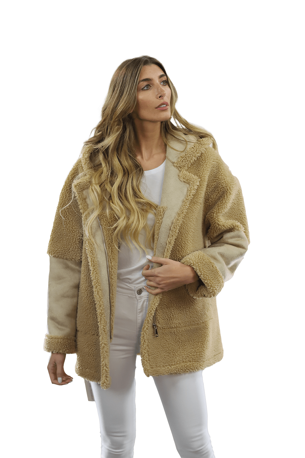 Faux Fur Teddy Coat with Hood - Coat - La Fiorentina FAUX206_CAMEL