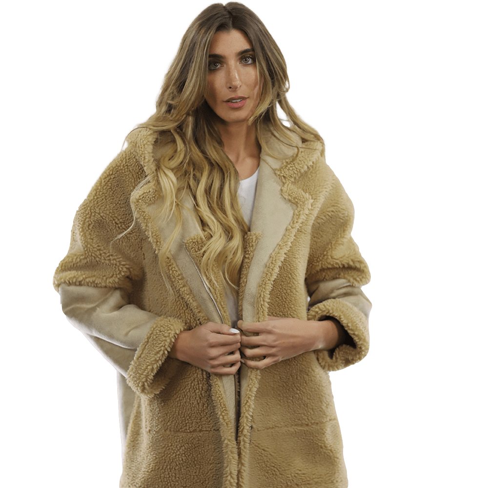 Faux Fur Teddy Coat with Hood - Coat - La Fiorentina FAUX206_CAMEL