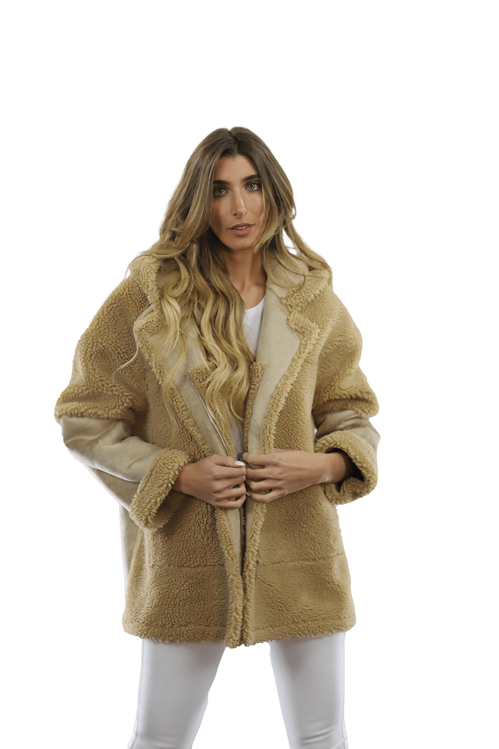 Faux Fur Teddy Coat with Hood - Coat - La Fiorentina FAUX206_CAMEL