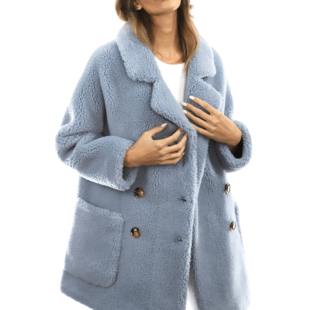 Faux Fur Teddy Coat with Pockets - Blue - Coat - La Fiorentina FAUX208_BLUE