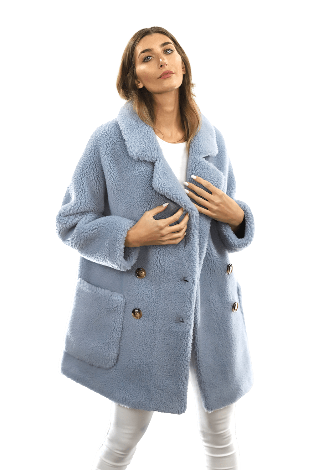 Faux Fur Teddy Coat with Pockets - Blue - Coat - La Fiorentina FAUX208_BLUE