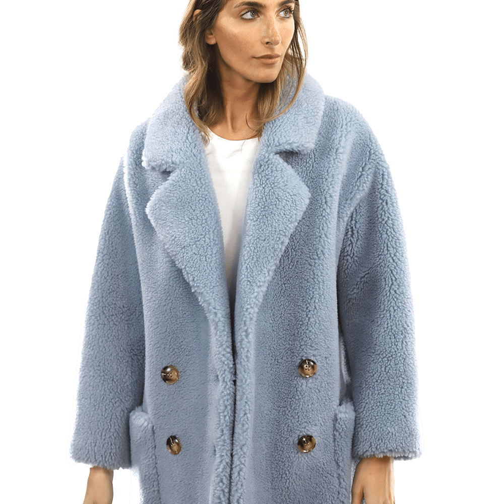 Faux Fur Teddy Coat with Pockets - Blue - Coat - La Fiorentina FAUX208_BLUE