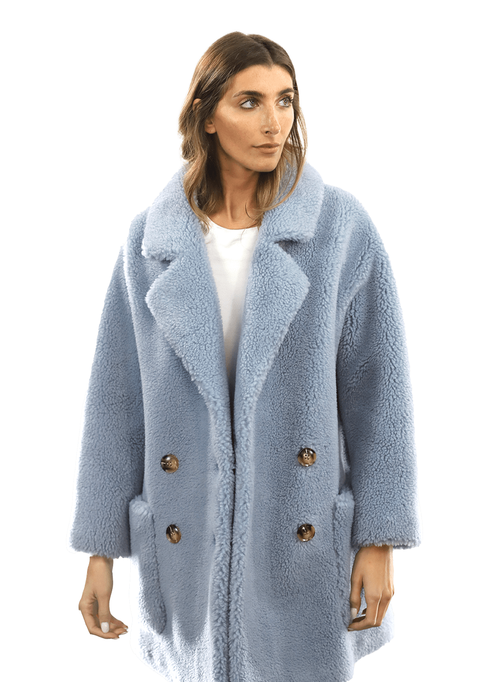Faux Fur Teddy Coat with Pockets - Blue - Coat - La Fiorentina FAUX208_BLUE