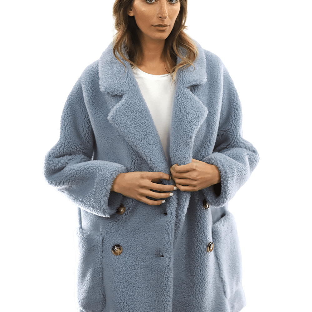 Faux Fur Teddy Coat with Pockets - Blue - Coat - La Fiorentina FAUX208_BLUE