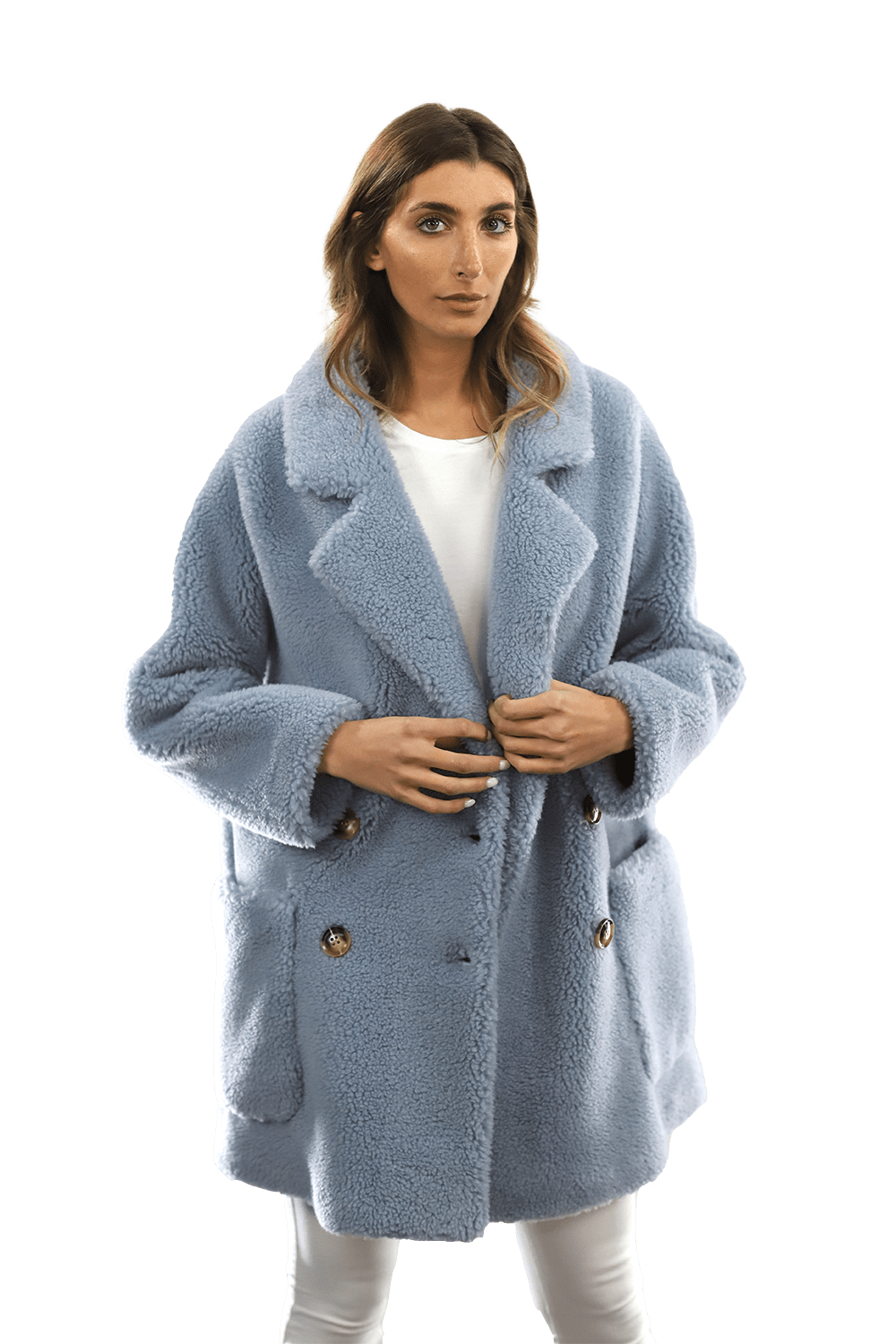 Faux Fur Teddy Coat with Pockets - Blue - Coat - La Fiorentina FAUX208_BLUE