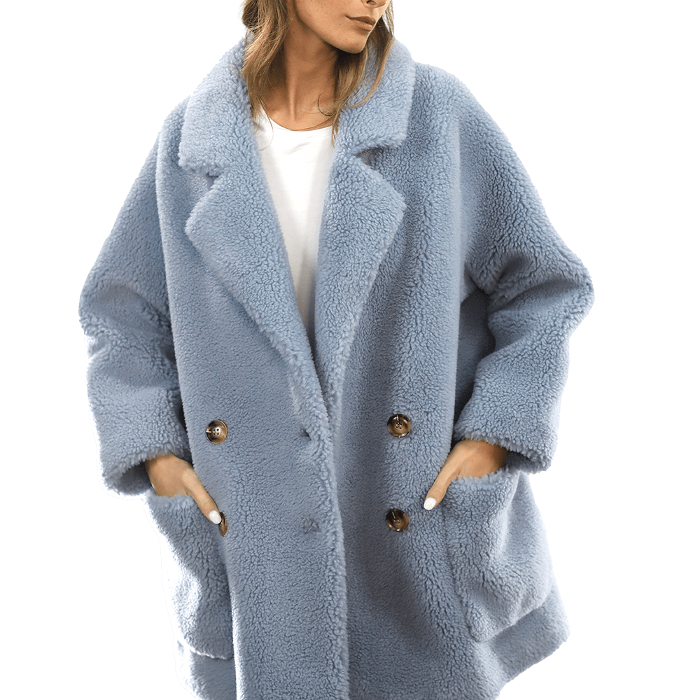 Faux Fur Teddy Coat with Pockets - Blue - Coat - La Fiorentina FAUX208_BLUE
