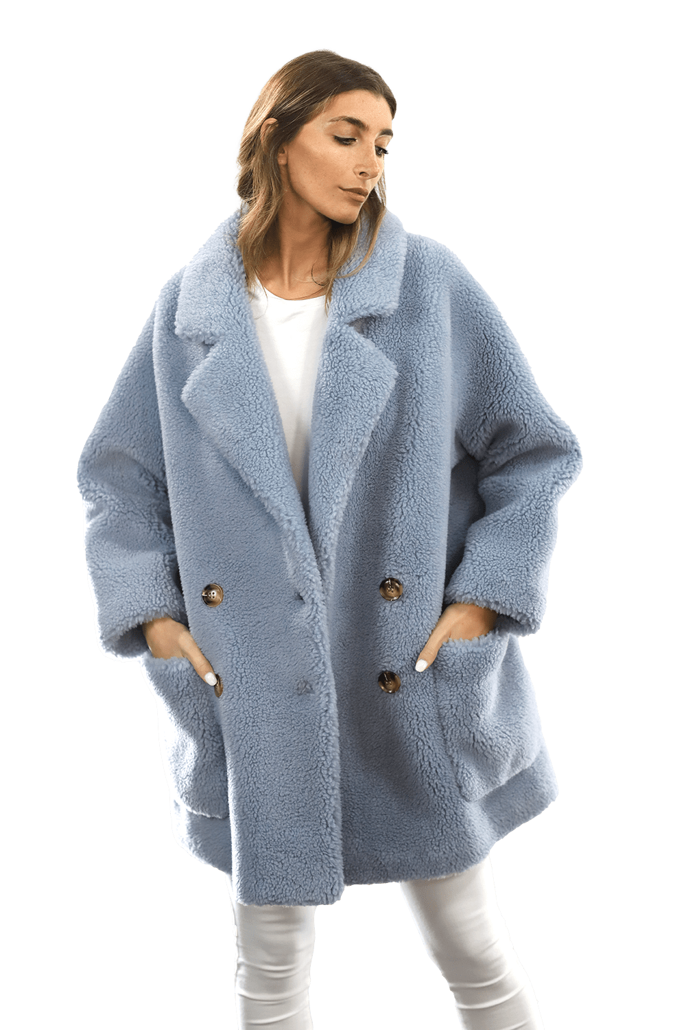 Faux Fur Teddy Coat with Pockets - Blue - Coat - La Fiorentina FAUX208_BLUE