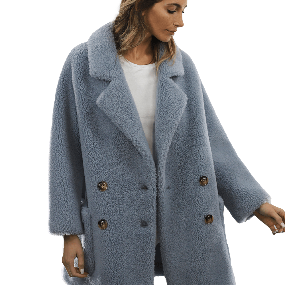 Faux Fur Teddy Coat with Pockets - Blue - Coat - La Fiorentina FAUX208_BLUE