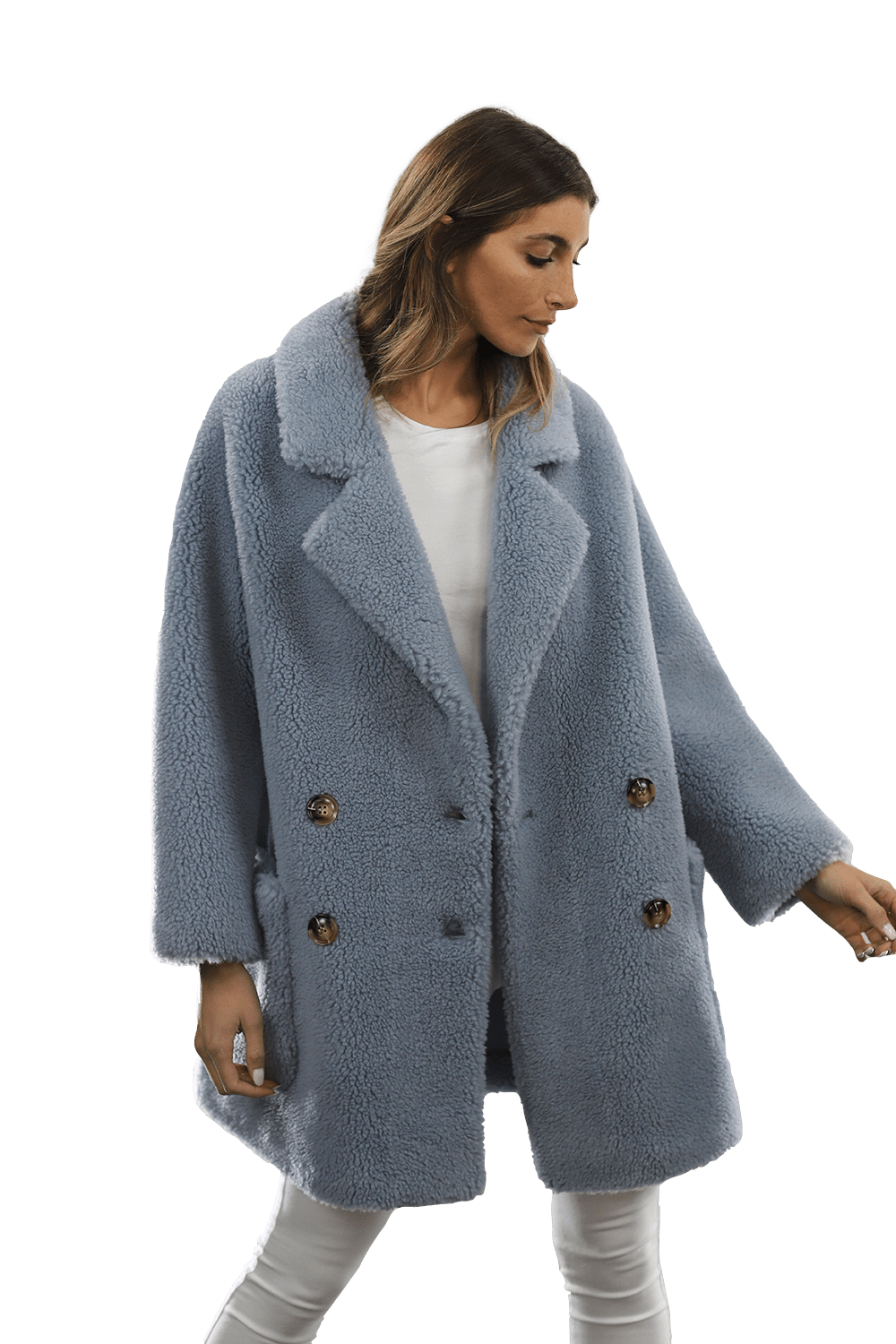 Faux Fur Teddy Coat with Pockets - Blue - Coat - La Fiorentina FAUX208_BLUE