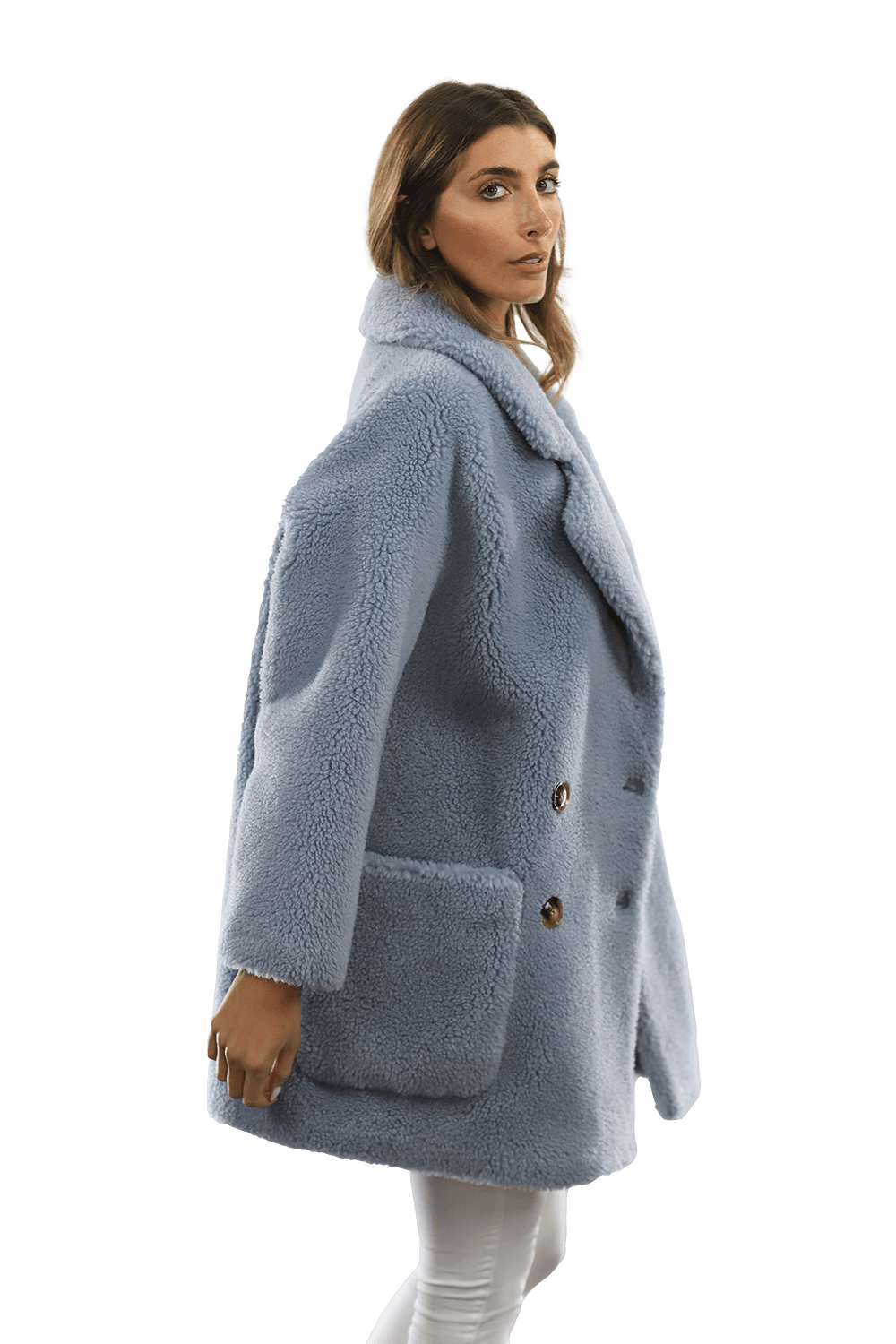 Faux Fur Teddy Coat with Pockets - Blue - Coat - La Fiorentina FAUX208_BLUE