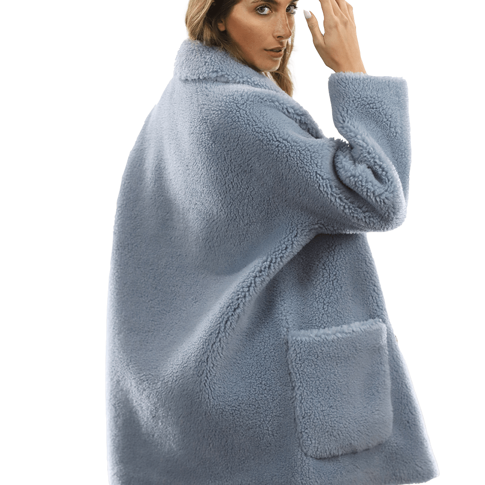 Faux Fur Teddy Coat with Pockets - Blue - Coat - La Fiorentina FAUX208_BLUE