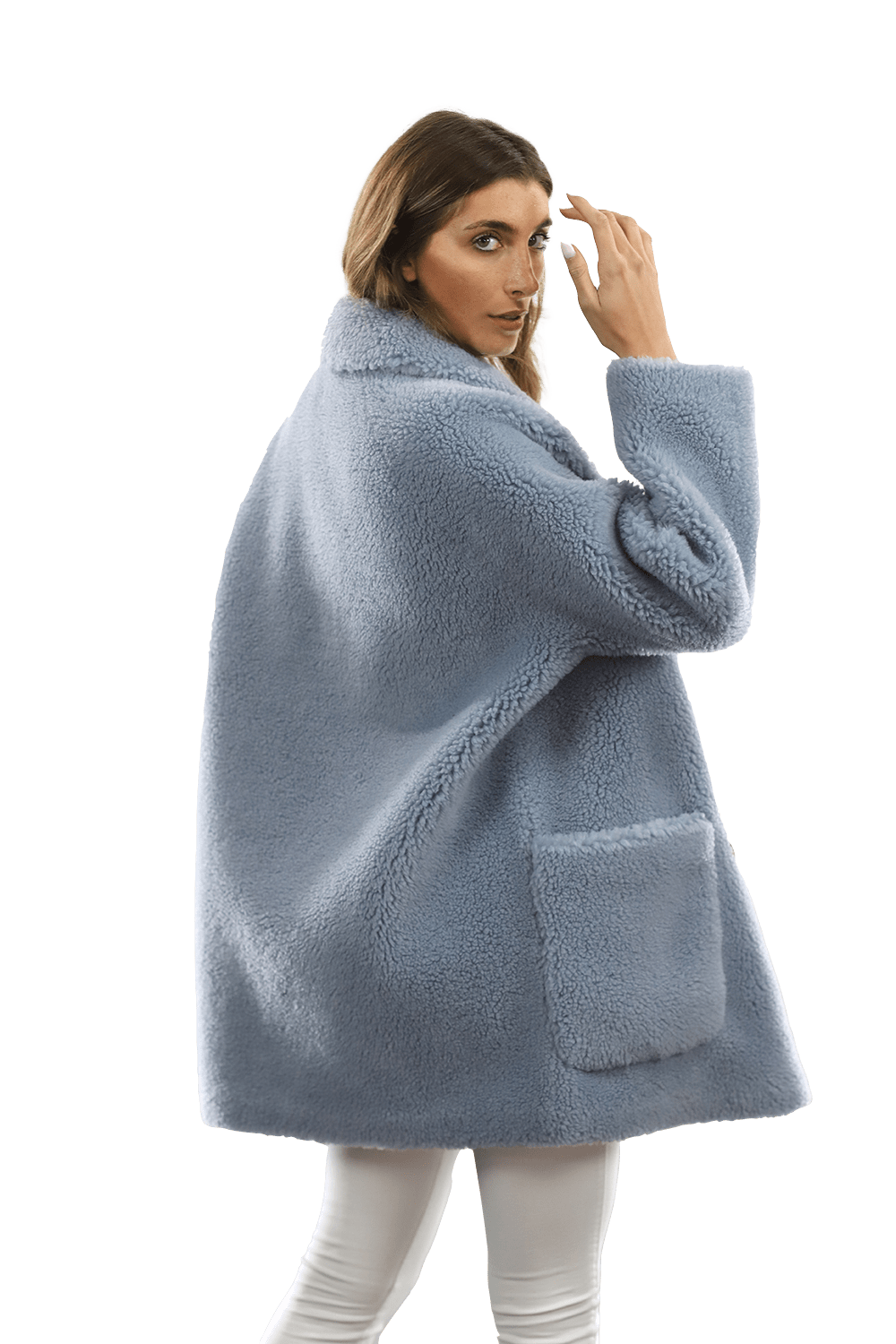 Faux Fur Teddy Coat with Pockets - Blue - Coat - La Fiorentina FAUX208_BLUE