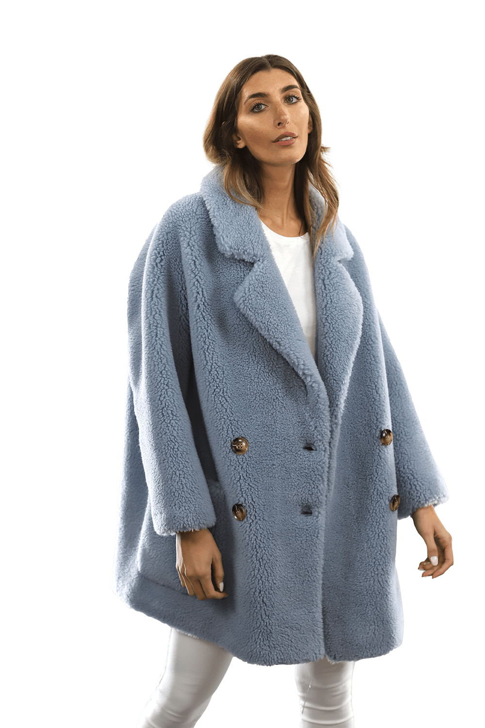 Faux Fur Teddy Coat with Pockets - Blue - Coat - La Fiorentina FAUX208_BLUE