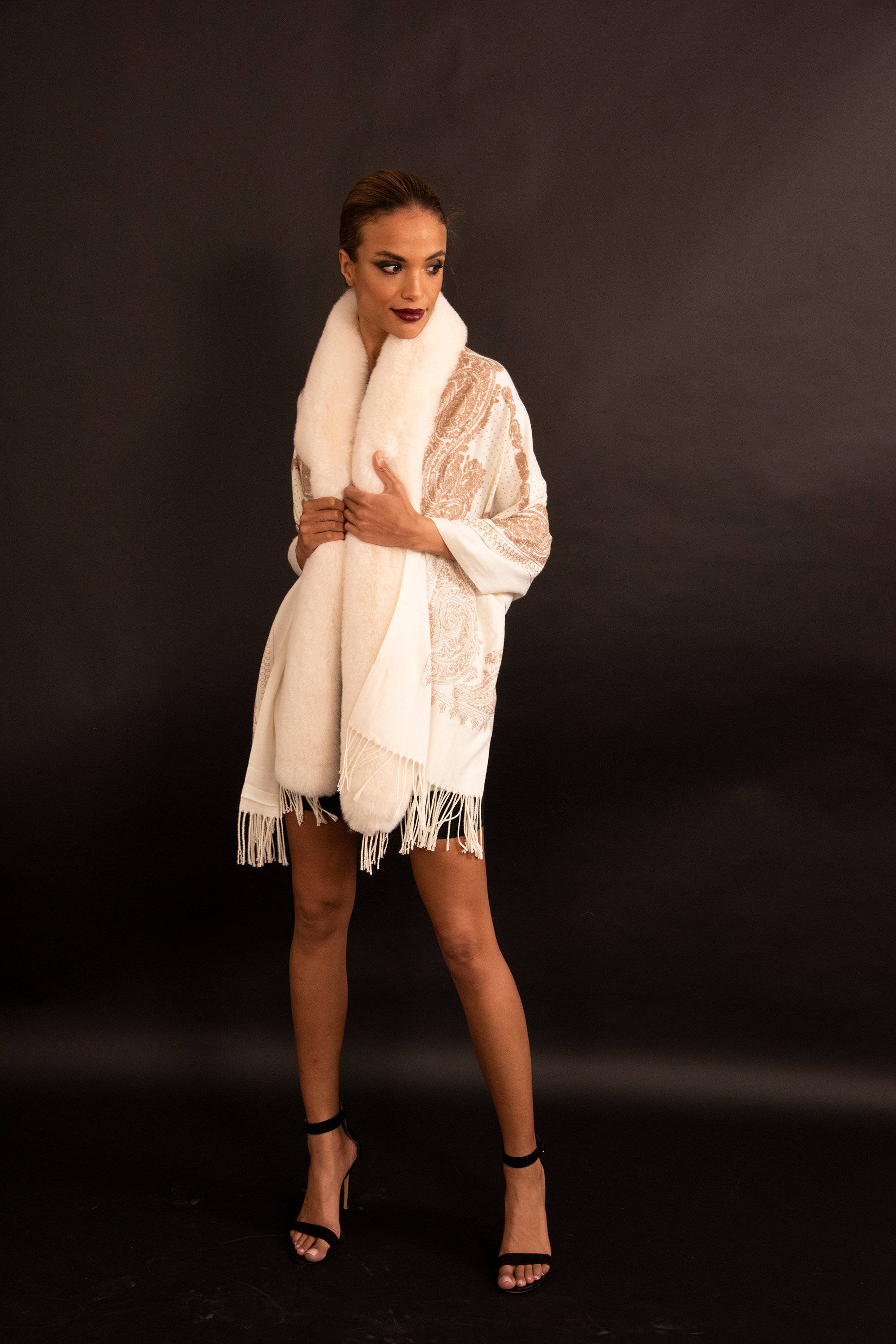 Faux Fur Trim Wrap with Embellishments/Embroidery-Ivory -  - La Fiorentina Faux224-2101-Ivory