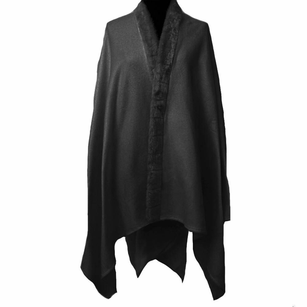 Faux Trim Fleece Ruana - Black - Ruana - La Fiorentina FA-18