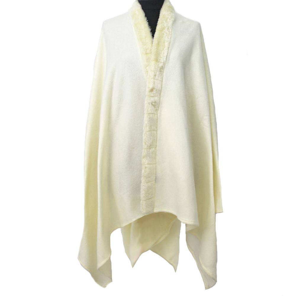 Fleece Ruana With Faux Fur Border-Ivory | La Fiorentina