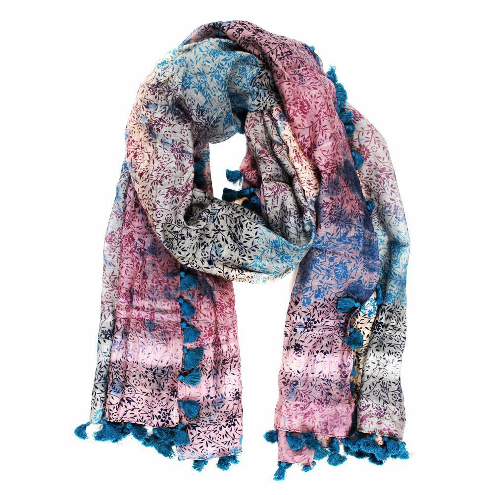 Floral Print Pom Pom Fringe Scarf - Blue/Pink - Scarf - La Fiorentina EF-2594_Blue