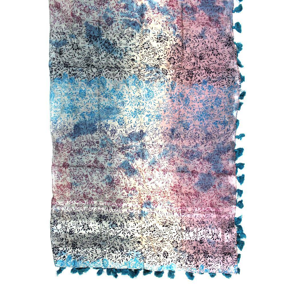 Floral Print Pom Pom Fringe Scarf - Blue/Pink - Scarf - La Fiorentina EF-2594_Blue