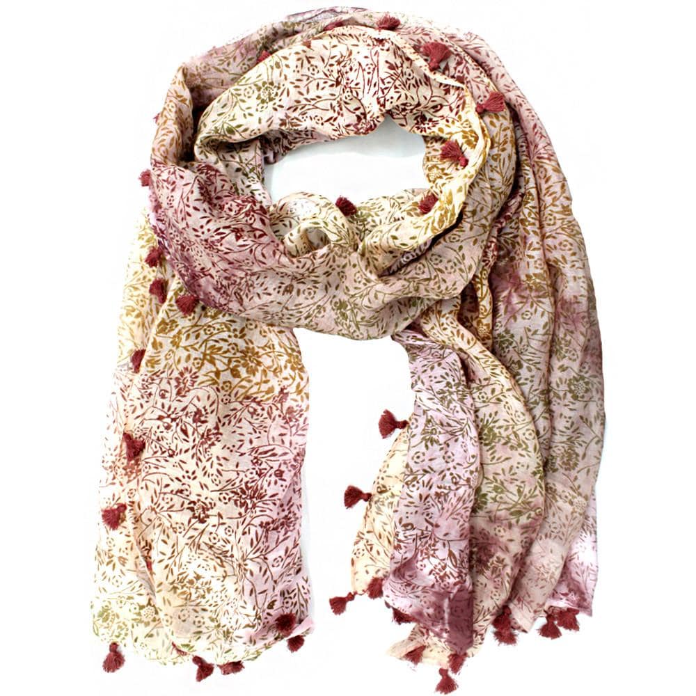 Floral Print Pom Pom Fringe Scarf - Brown/Khaki - Scarf - La Fiorentina EF-2594_Brown/Khaki