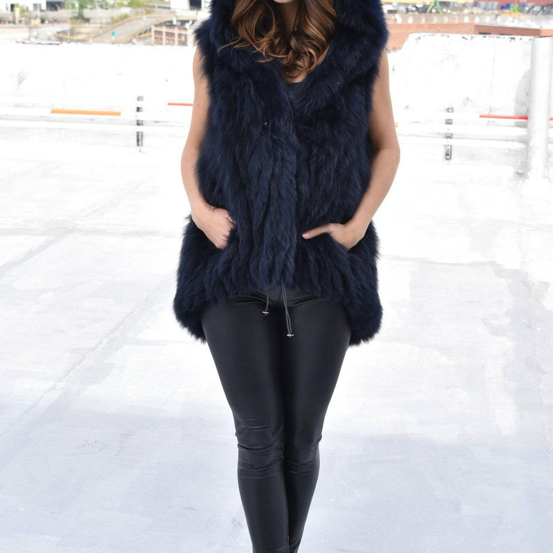 Fur Vest With Hood- Navy - Fur Vest - La Fiorentina SCT1537