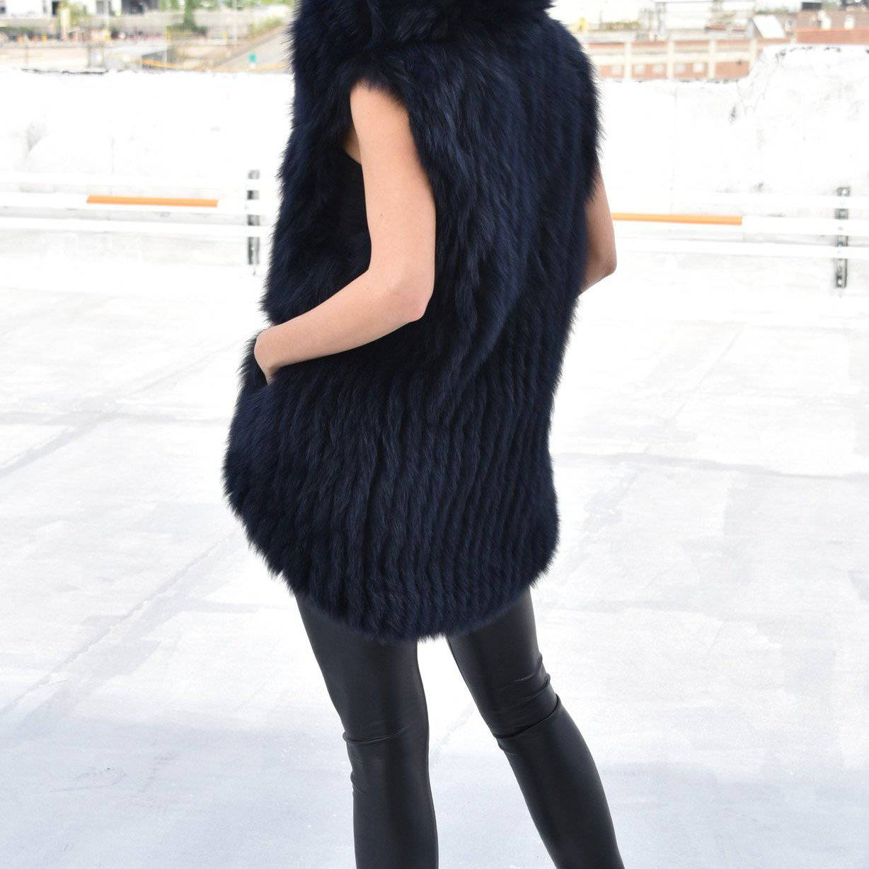 Fur Vest With Hood- Navy - Fur Vest - La Fiorentina SCT1537