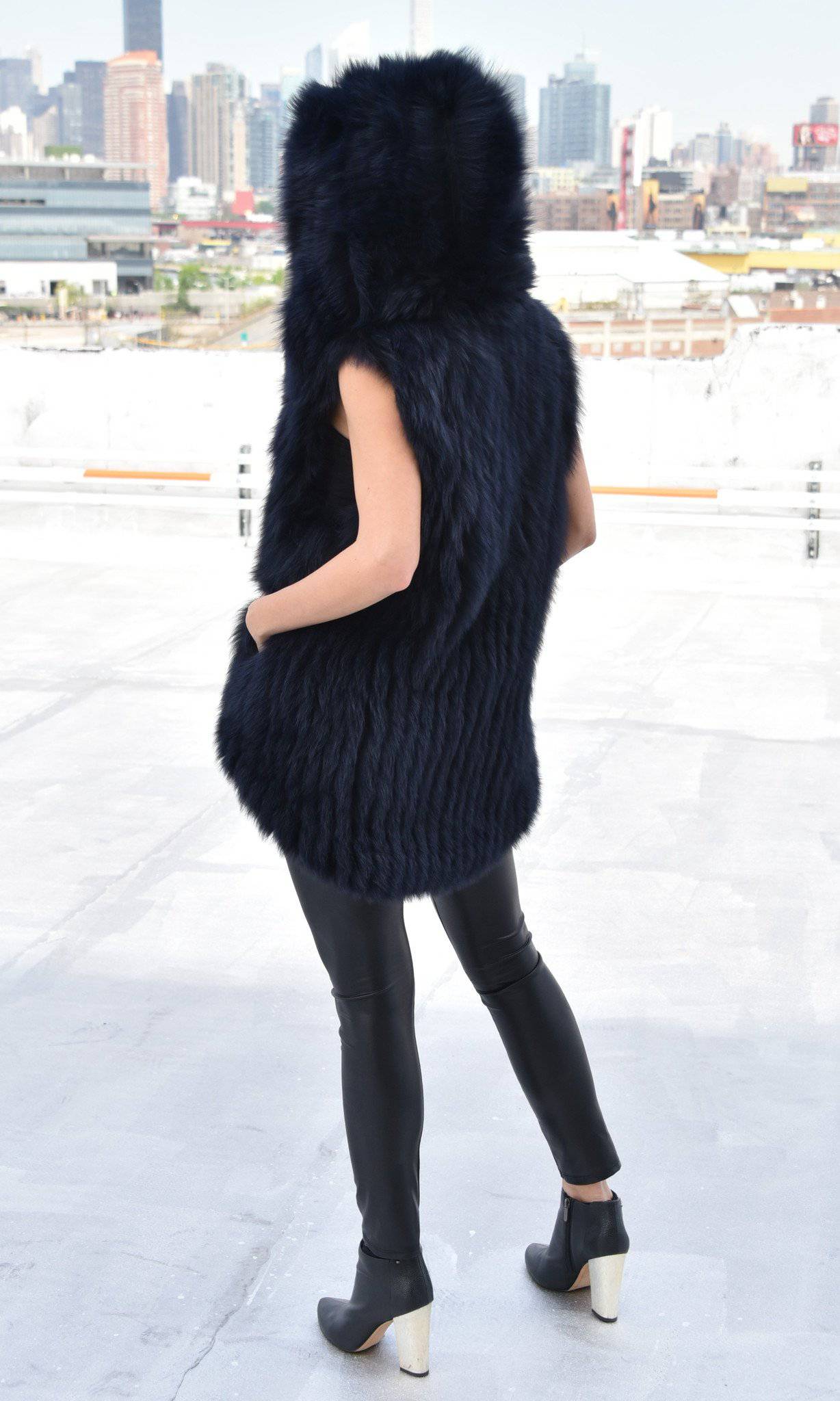 Fur Vest With Hood- Navy - Fur Vest - La Fiorentina SCT1537