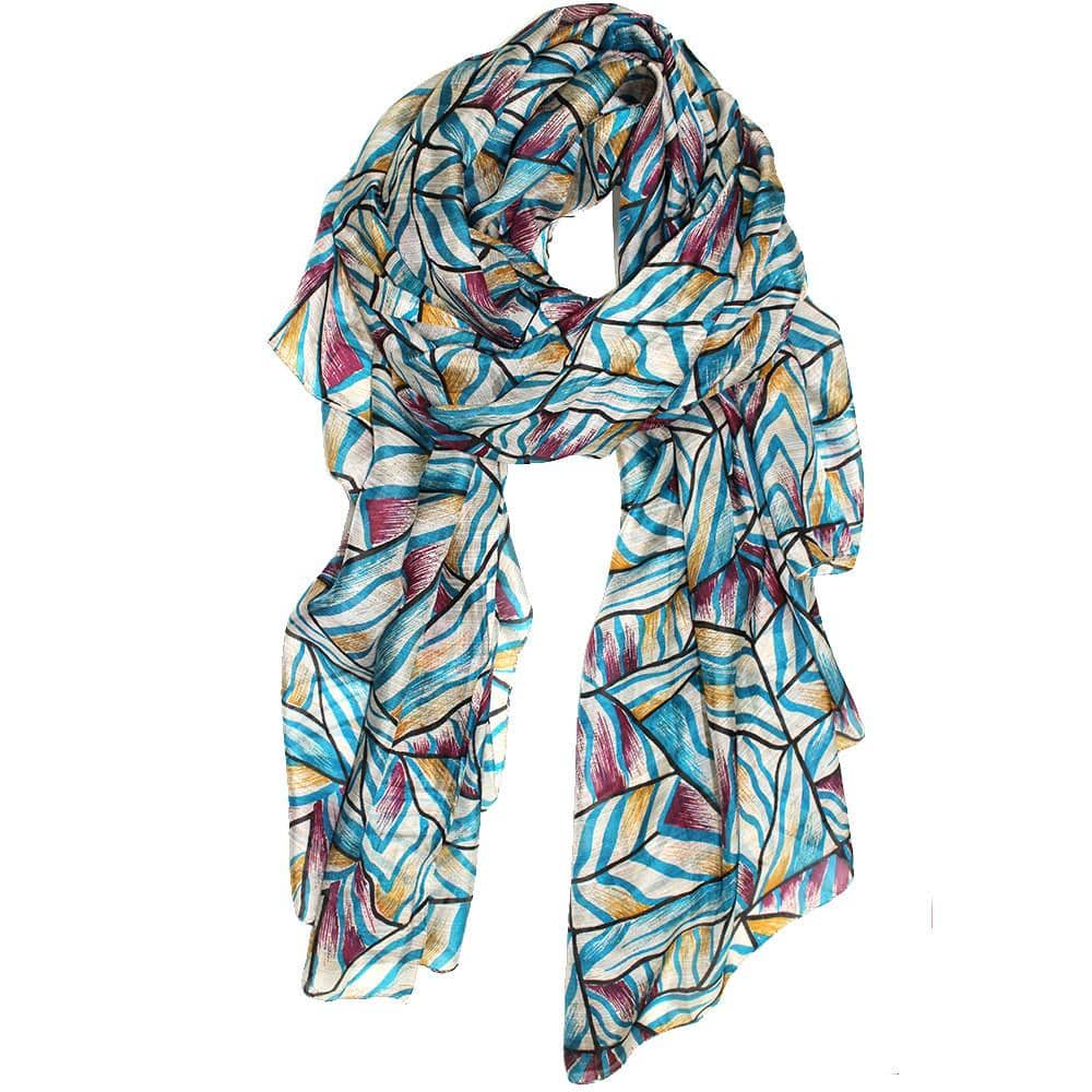 Geometric Leaf Print Scarf -Turquoise - Silk Scarf - La Fiorentina EF-2671