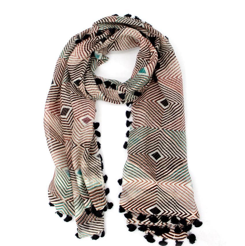 Geometric Print Tassel Scarf - Chocolate - Scarf - La Fiorentina EF-2589